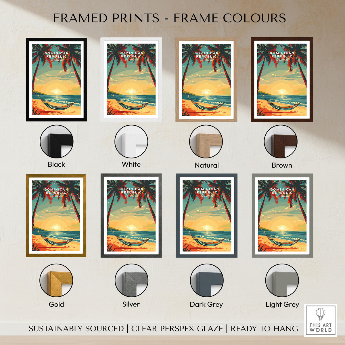 Dominican Republic Travel Poster framed print frame colour options: black, white, natural, brown, gold, silver, dark grey and light grey