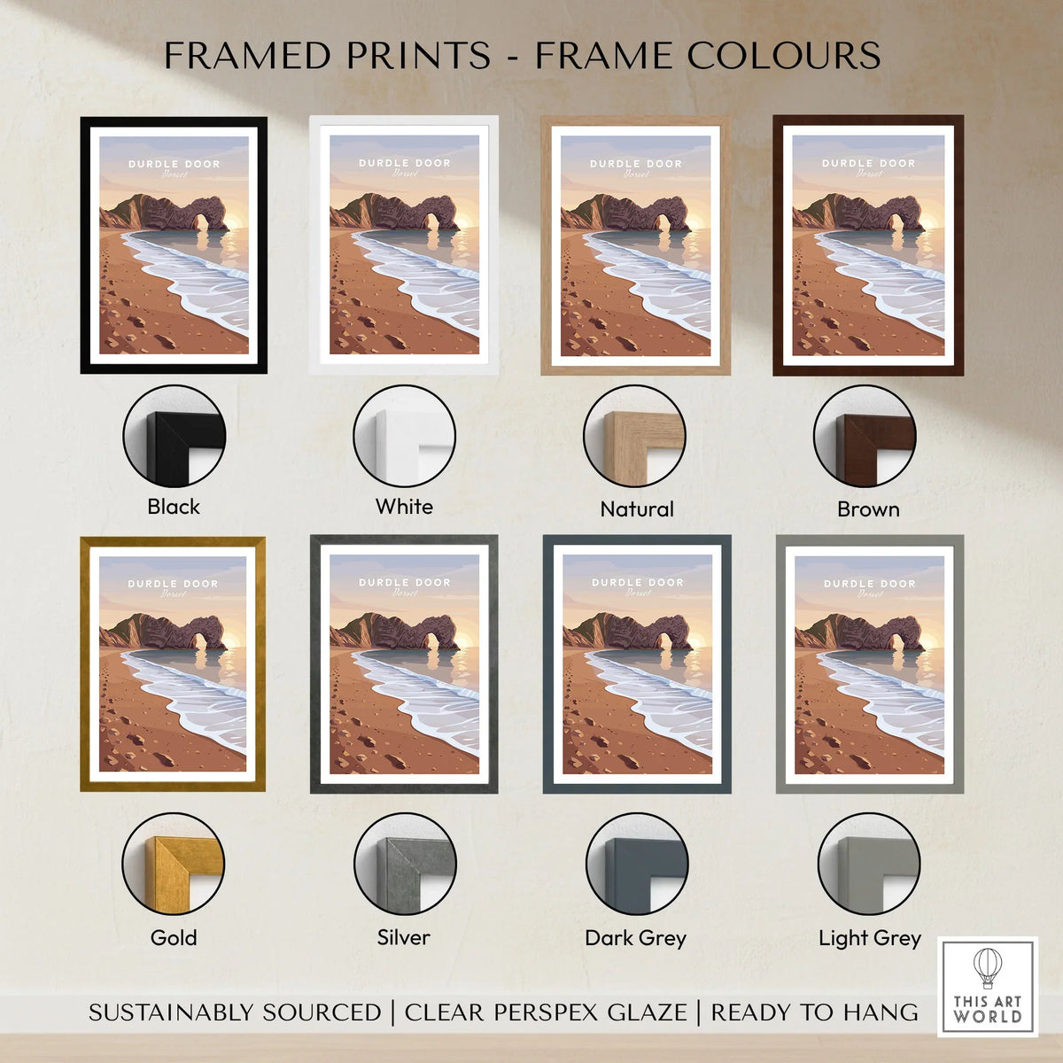 Durdle Door Travel Poster – Jurassic Coast Sunset Art framed print frame colour options: black, white, natural, brown, gold, silver, dark grey and light grey