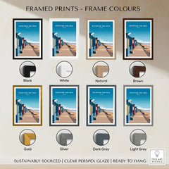 Frinton-on-Sea Travel Poster – Essex Coastline Beach Huts & Prom Art framed print frame colour options: black, white, natural, brown, gold, silver, dark grey and light grey
