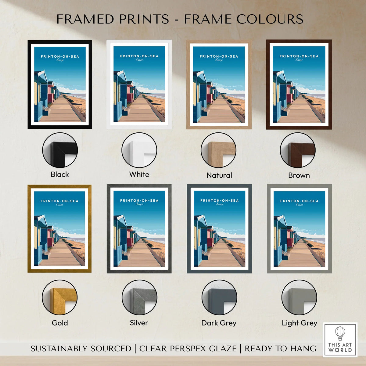 Frinton-on-Sea Travel Poster – Essex Coastline Beach Huts & Prom Art framed print frame colour options: black, white, natural, brown, gold, silver, dark grey and light grey