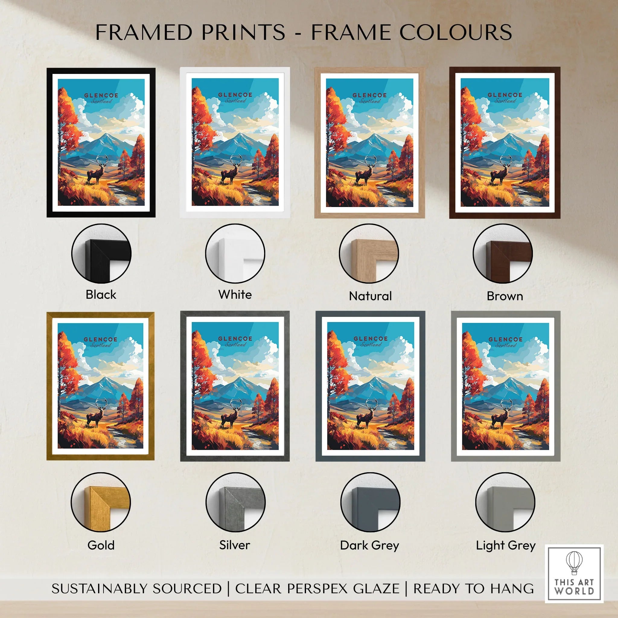 Glencoe Art Print framed print frame colour options: black, white, natural, brown, gold, silver, dark grey and light grey