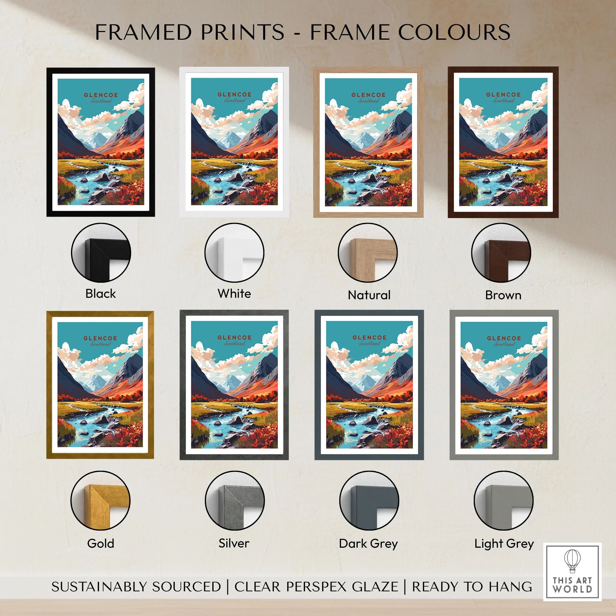 Glencoe Poster Print framed print frame colour options: black, white, natural, brown, gold, silver, dark grey and light grey