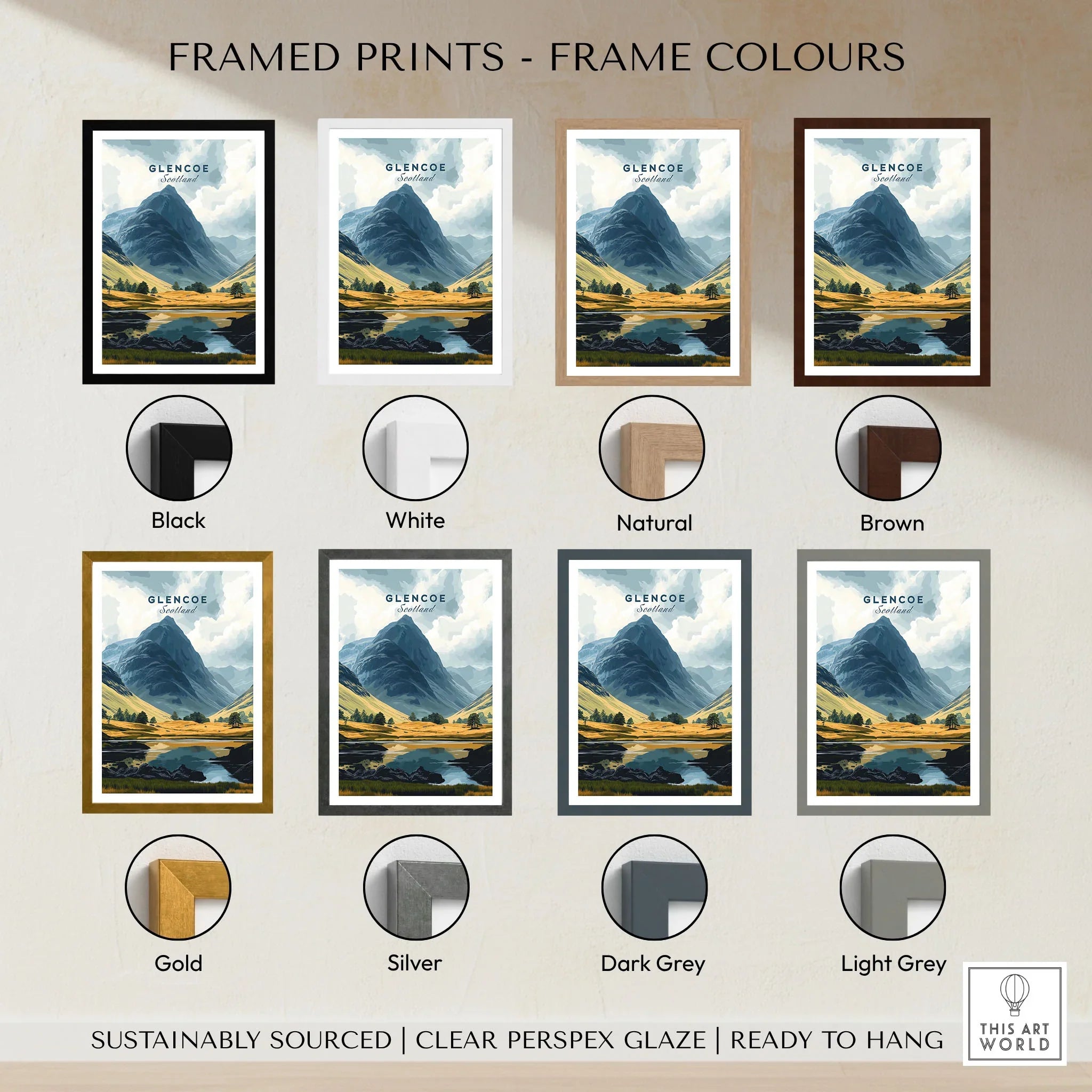 Glencoe Travel Print framed print frame colour options: black, white, natural, brown, gold, silver, dark grey and light grey