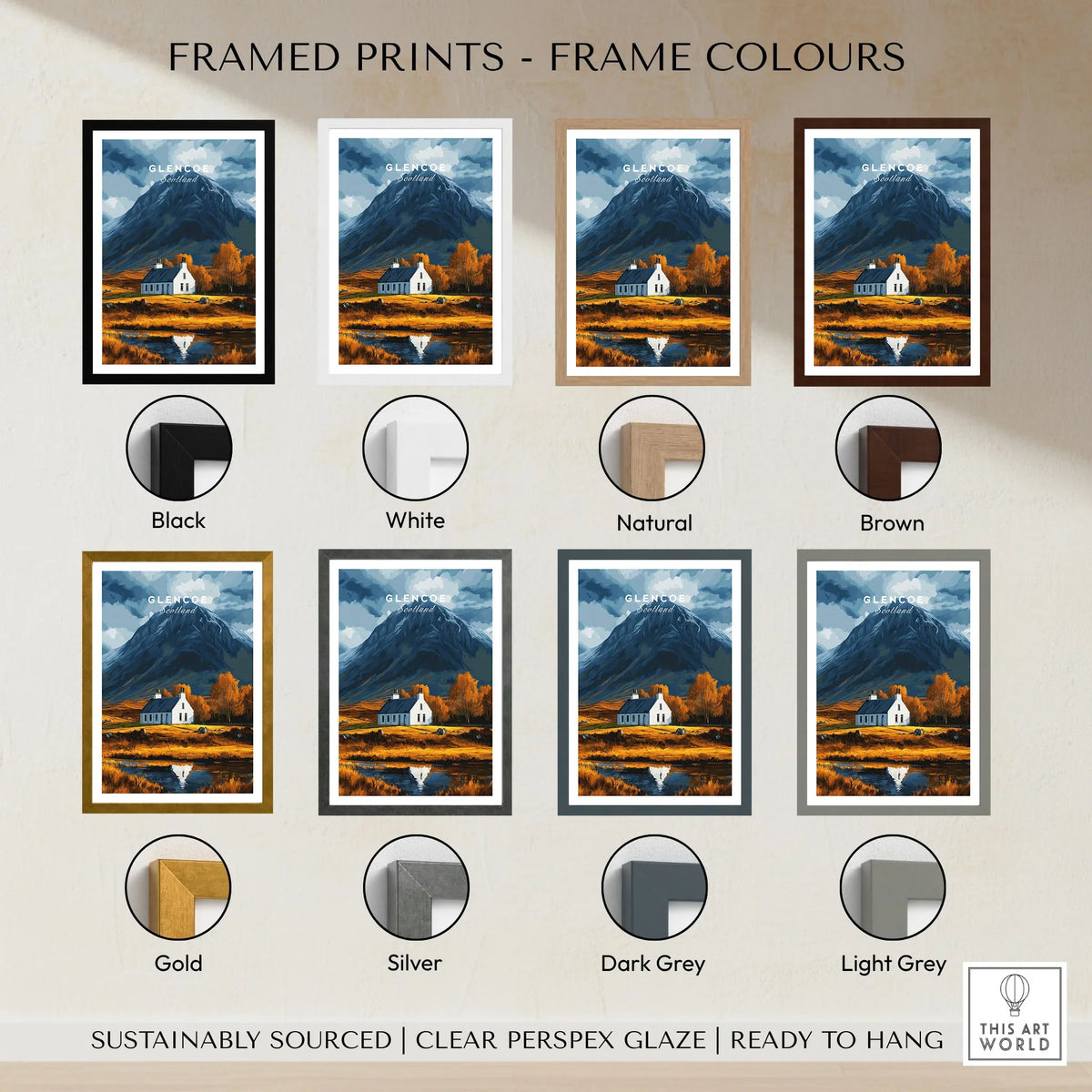 Glencoe Scotland Poster framed print frame colour options: black, white, natural, brown, gold, silver, dark grey and light grey