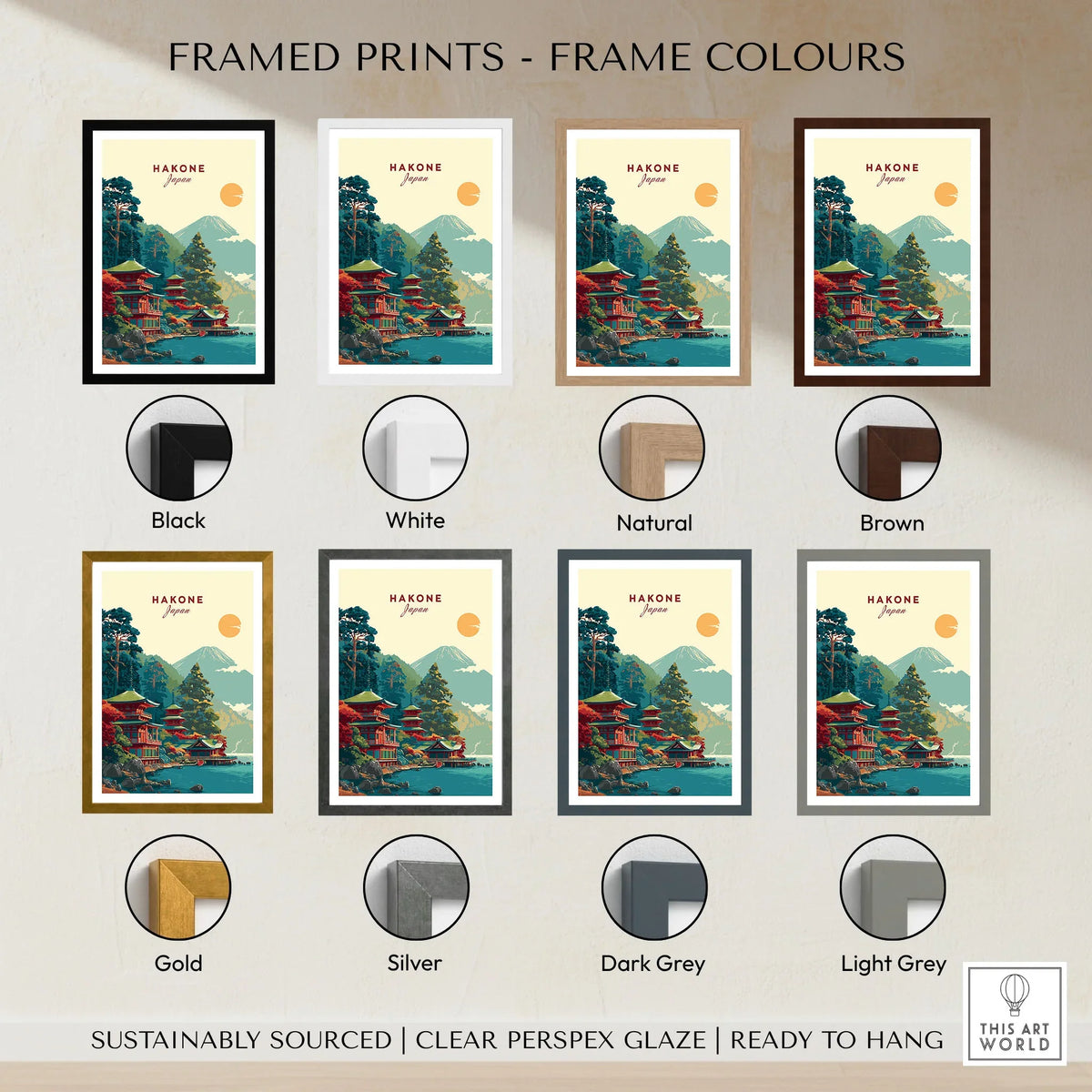 Hakone Japan Lake Ashi Temple Print - Japanese Pagoda Wall Art framed print frame colour options: black, white, natural, brown, gold, silver, dark grey and light grey