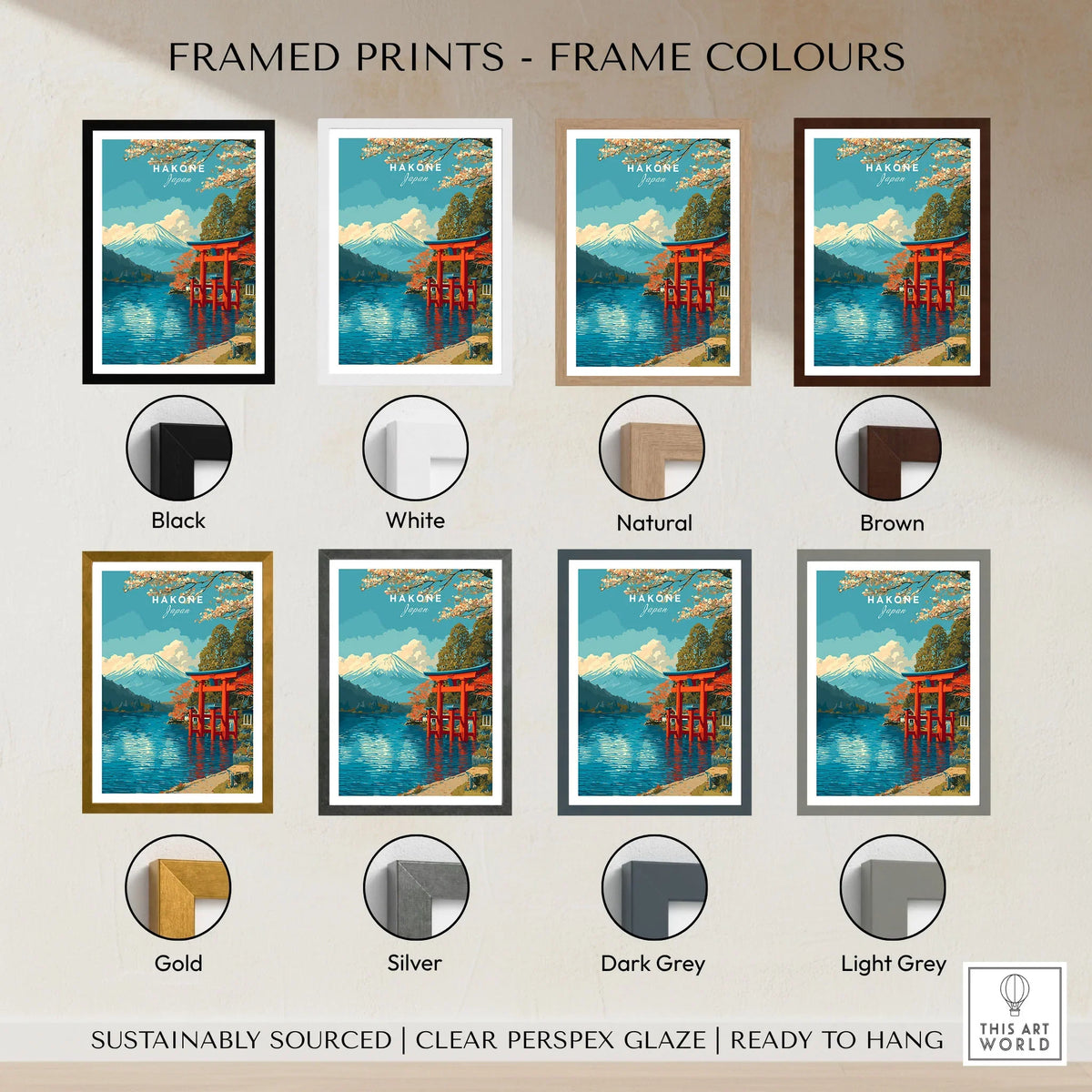 HakonePrint Japan Peace Shrine Torii Artwork - Mount Fuji Lake Ashi Poster framed print frame colour options: black, white, natural, brown, gold, silver, dark grey and light grey