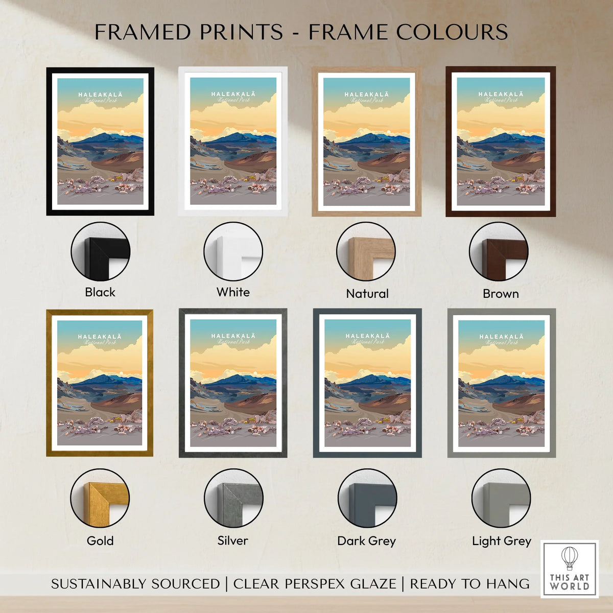 Haleakalā Volcano Poster, Maui Hawaii Travel Print, National Park Wall Art framed print frame colour options: black, white, natural, brown, gold, silver, dark grey and light grey