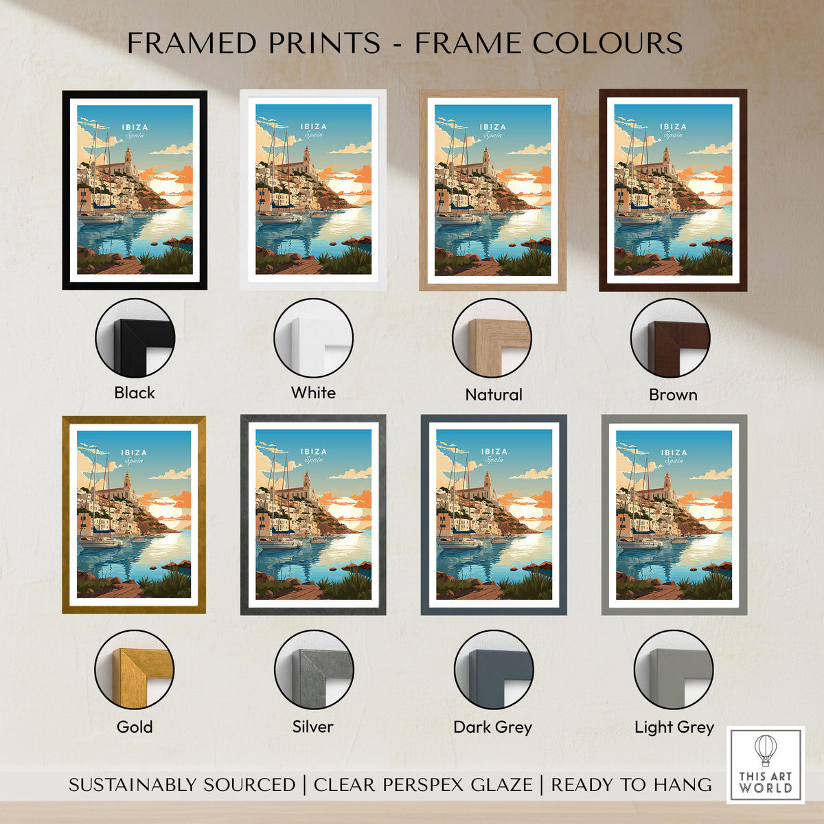 Ibiza Poster Print framed print frame colour options: black, white, natural, brown, gold, silver, dark grey and light grey