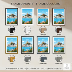 Ibiza Print framed print frame colour options: black, white, natural, brown, gold, silver, dark grey and light grey