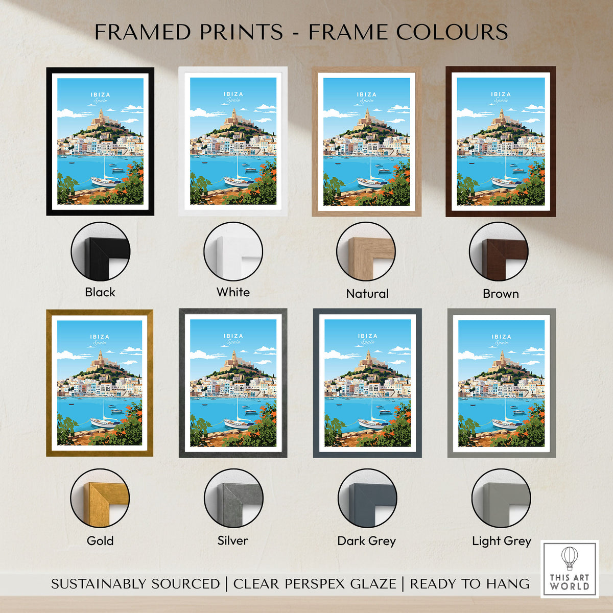 Ibiza Print framed print frame colour options: black, white, natural, brown, gold, silver, dark grey and light grey