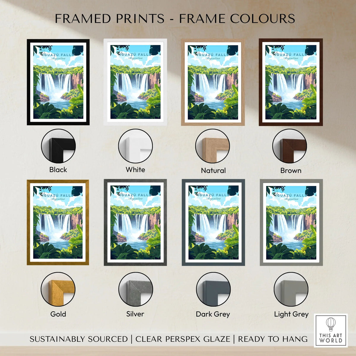 Iguazu Falls Travel Print framed print frame colour options: black, white, natural, brown, gold, silver, dark grey and light grey