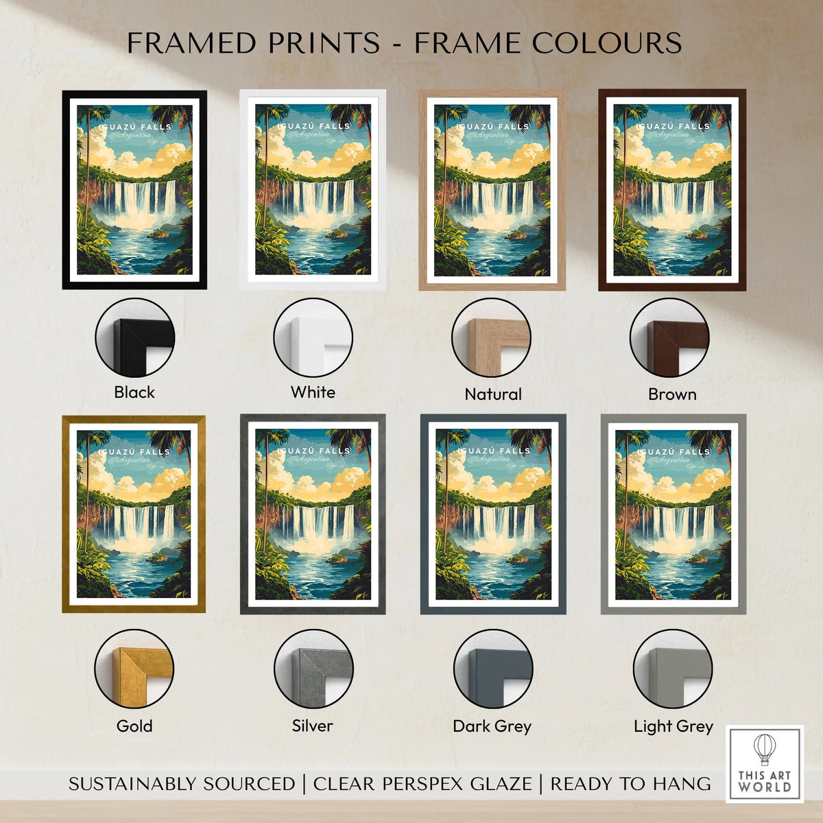 Iguazu Falls Wall Art framed print frame colour options: black, white, natural, brown, gold, silver, dark grey and light grey