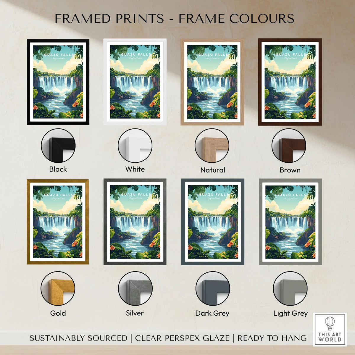 Iguazu Falls Print Argentina framed print frame colour options: black, white, natural, brown, gold, silver, dark grey and light grey