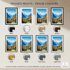 Interlaken Poster framed print frame colour options: black, white, natural, brown, gold, silver, dark grey and light grey