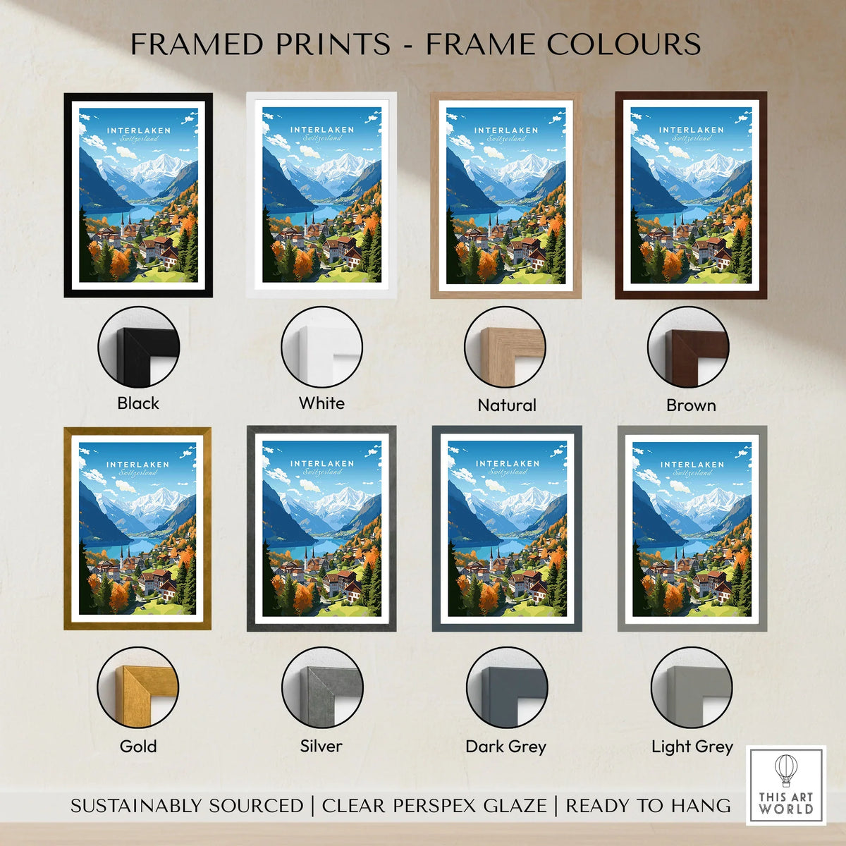 Interlaken Poster framed print frame colour options: black, white, natural, brown, gold, silver, dark grey and light grey