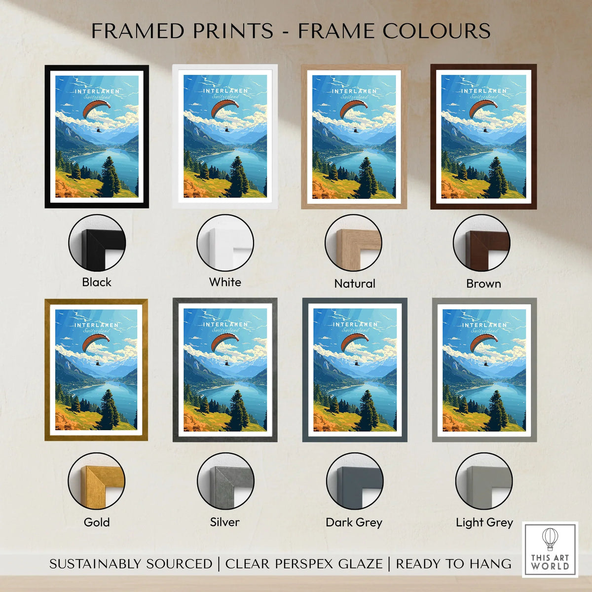 Interlaken Switzerland Poster framed print frame colour options: black, white, natural, brown, gold, silver, dark grey and light grey