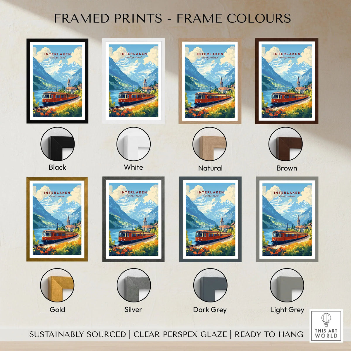Interlaken Travel Print framed print frame colour options: black, white, natural, brown, gold, silver, dark grey and light grey