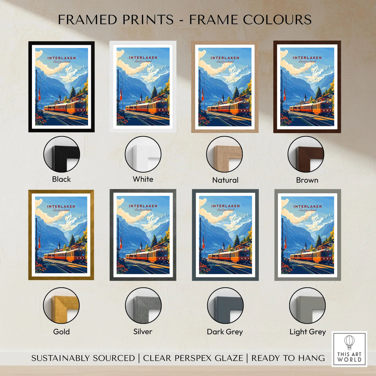 Interlaken Wall Art framed print frame colour options: black, white, natural, brown, gold, silver, dark grey and light grey