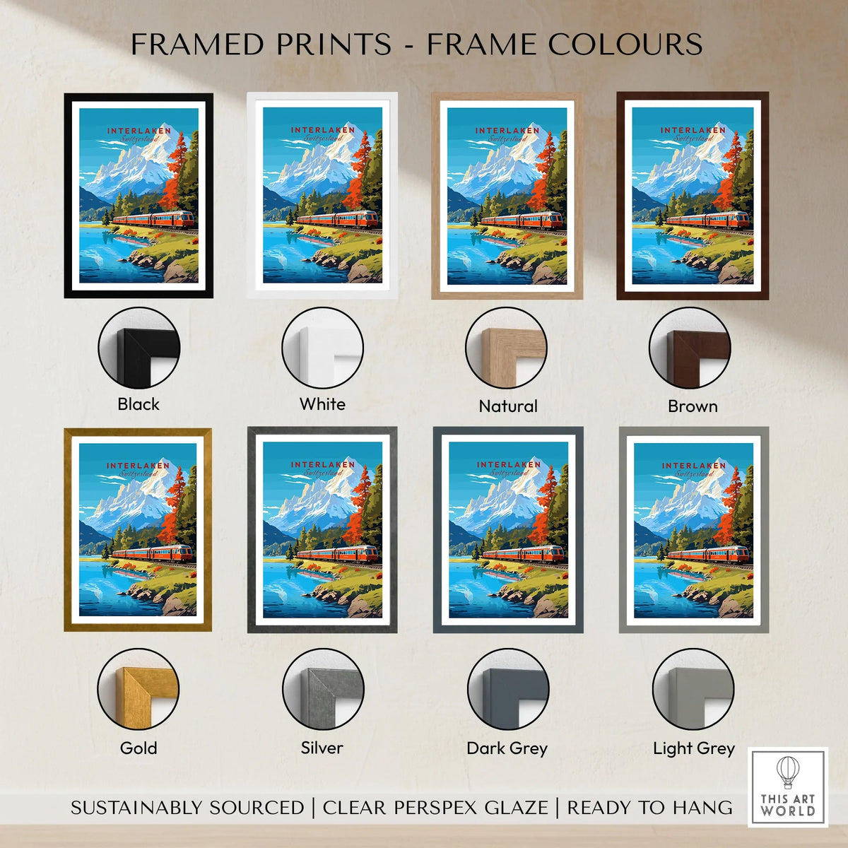 Interlaken Print Switzerland framed print frame colour options: black, white, natural, brown, gold, silver, dark grey and light grey