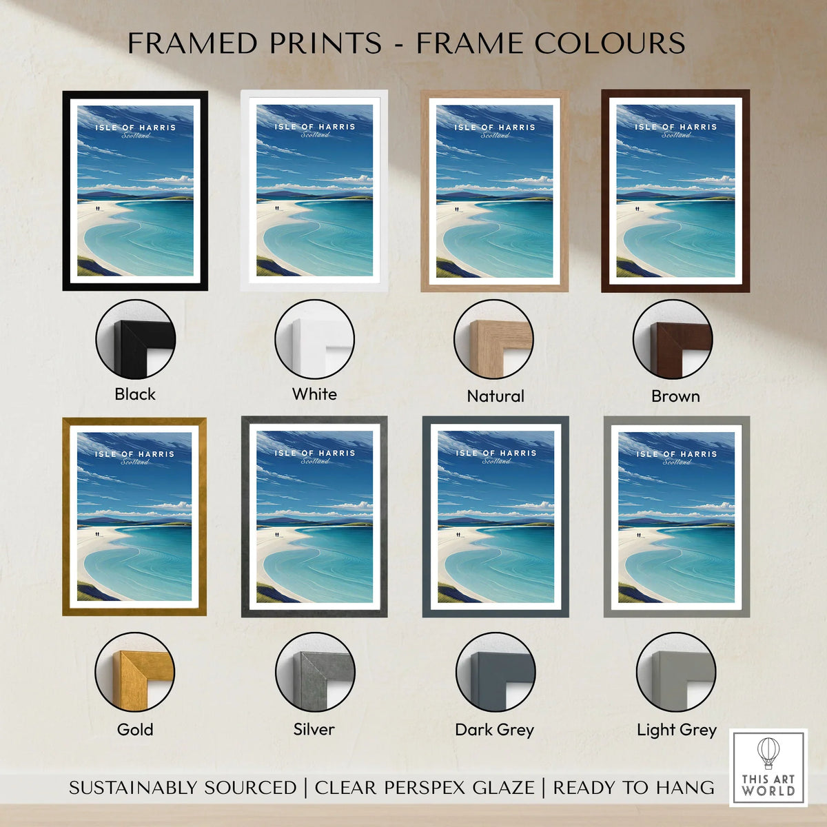 Isle of Harris Scotland Luskentyre Beach Print - White Sand Coastal Wall Art framed print frame colour options: black, white, natural, brown, gold, silver, dark grey and light grey
