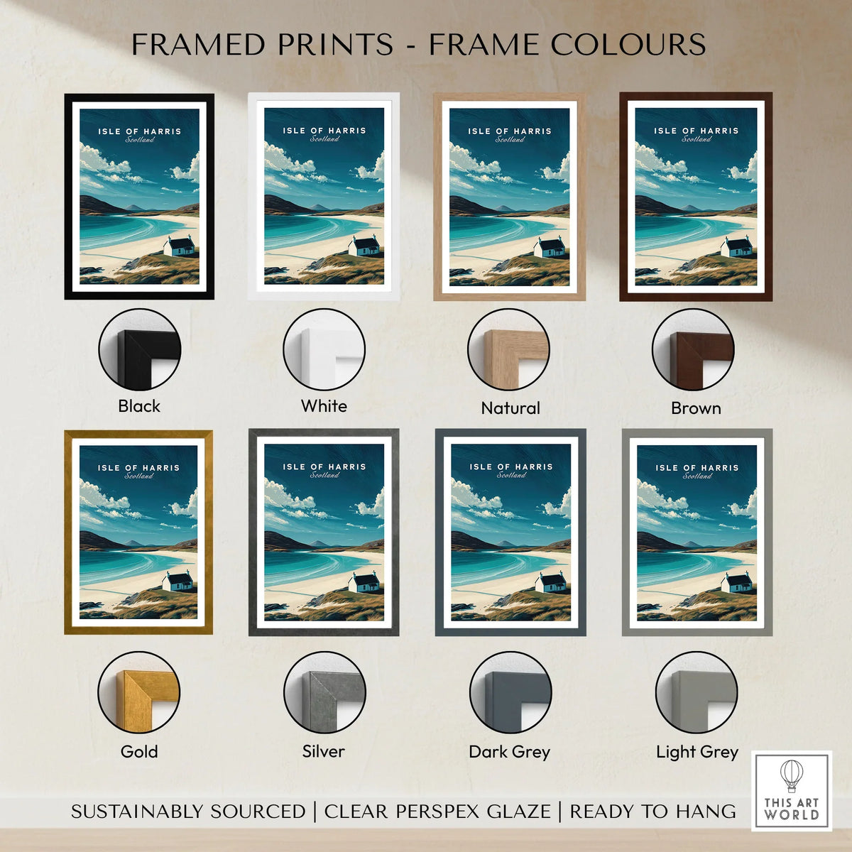 Isle of Harris Scotland Beach House Seascape Poster - Remote Scottish Isle Print framed print frame colour options: black, white, natural, brown, gold, silver, dark grey and light grey