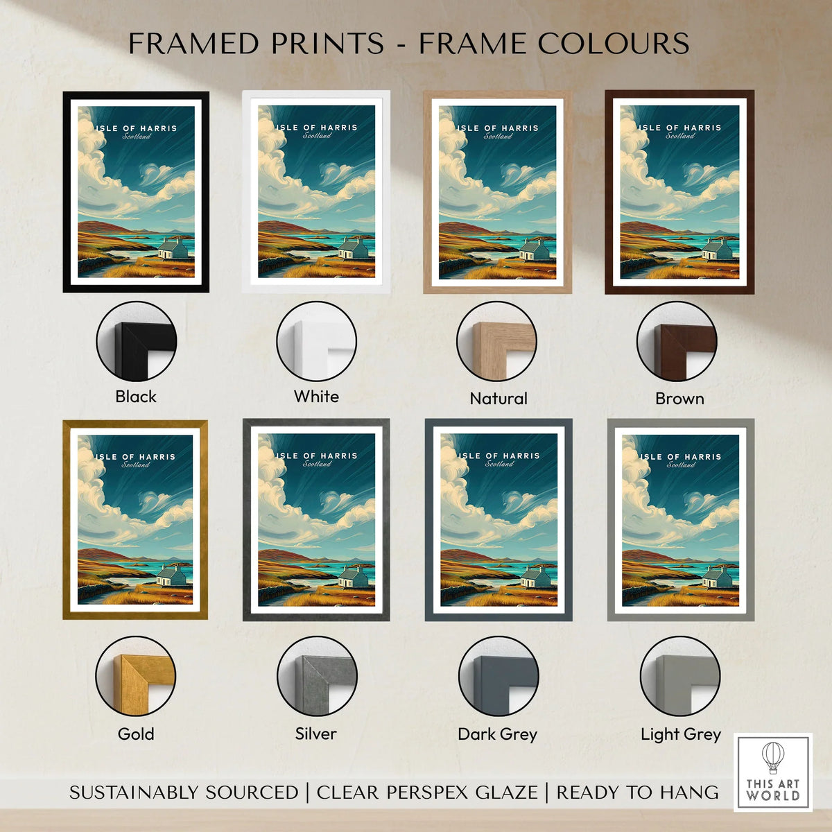 Isle of Harris Print Scotland Coastal Cottage Landscape - Rolling Hills Wall Art framed print frame colour options: black, white, natural, brown, gold, silver, dark grey and light grey