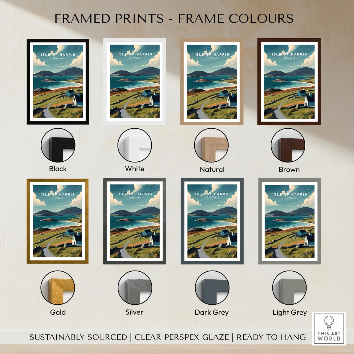 Isle of Harris Scotland Beach Print - Scenic Coastal Wall Art framed print frame colour options: black, white, natural, brown, gold, silver, dark grey and light grey