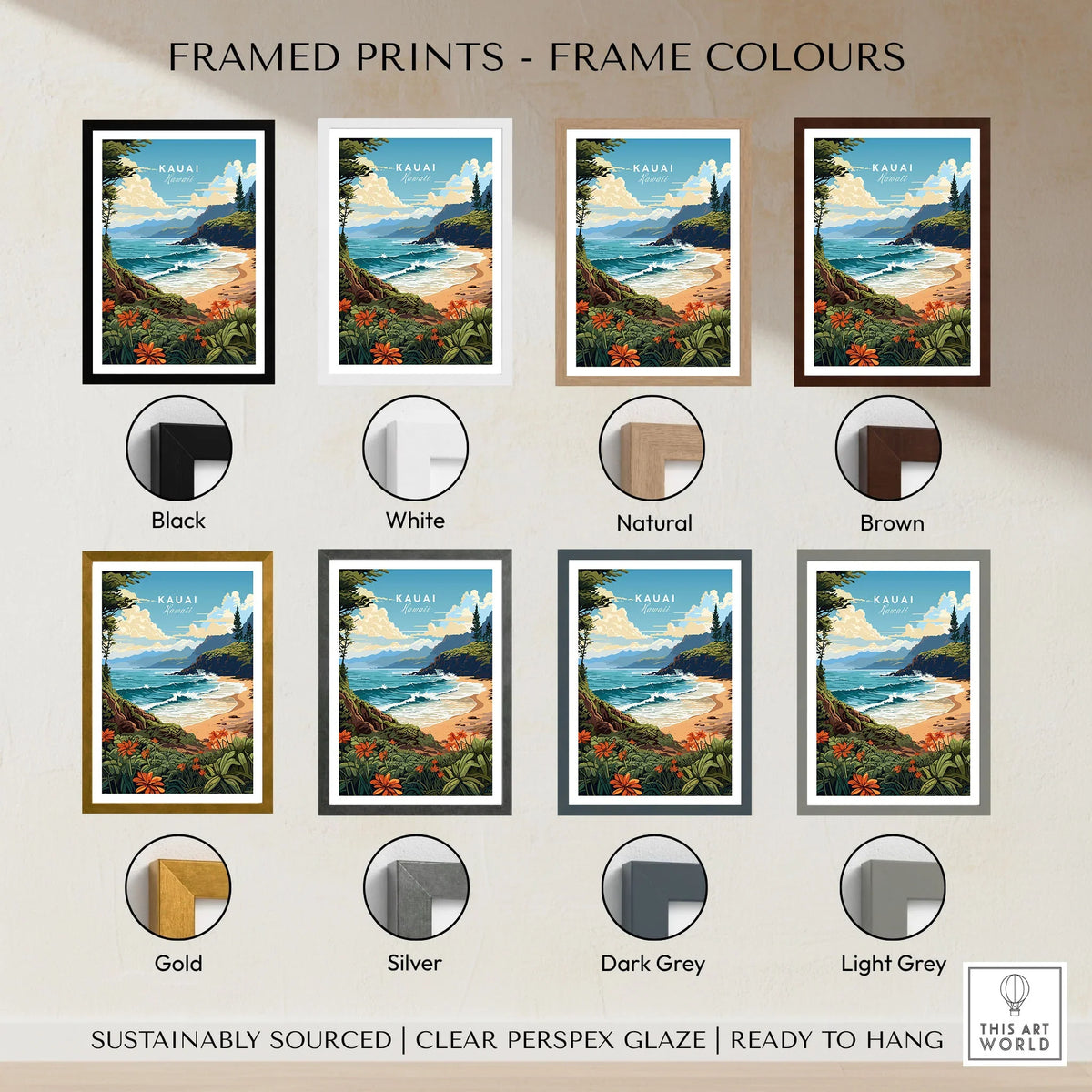 Kauai Print framed print frame colour options: black, white, natural, brown, gold, silver, dark grey and light grey