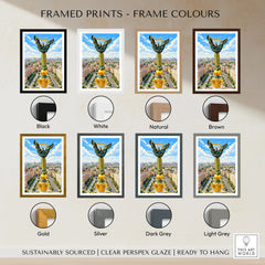 Kyiv Ukraine Independence Monument Travel Poster — the Independence Monument rising above Maidan Nezalezhnosti and the Kyiv skyline, shown as framed print colour options