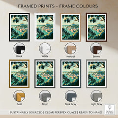 Kyiv Ukraine Golden Domes Travel Poster — golden domes on a wooded bluff above the Dnipro river, shown as framed print colour options