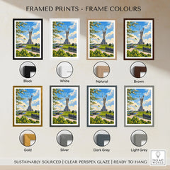Kyiv Ukraine Motherland Monument Travel Poster — the Motherland Monument under spring blossom with the Ukrainian flag flying, shown as framed print colour options