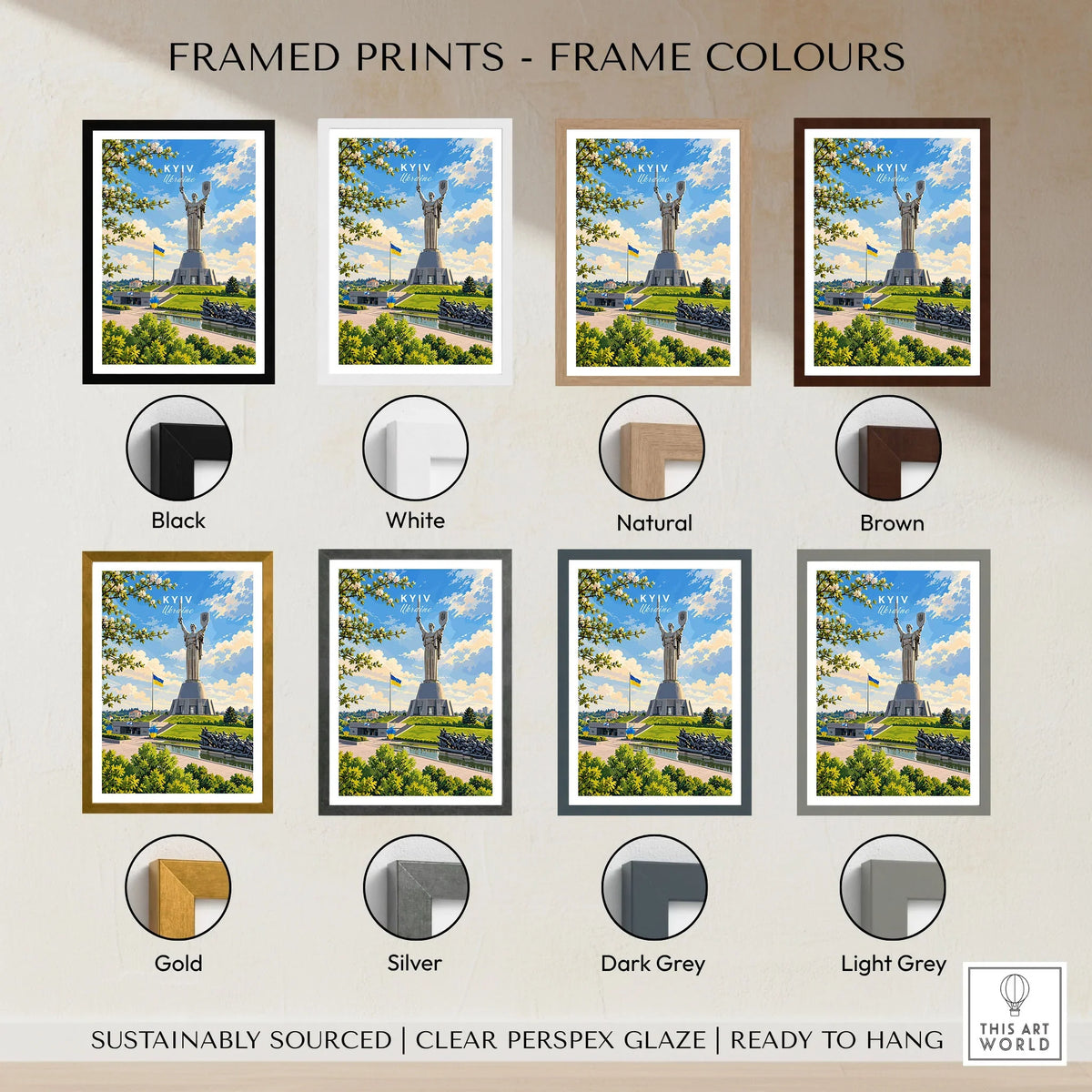 Kyiv Ukraine Motherland Monument Travel Poster — the Motherland Monument under spring blossom with the Ukrainian flag flying, shown as framed print colour options