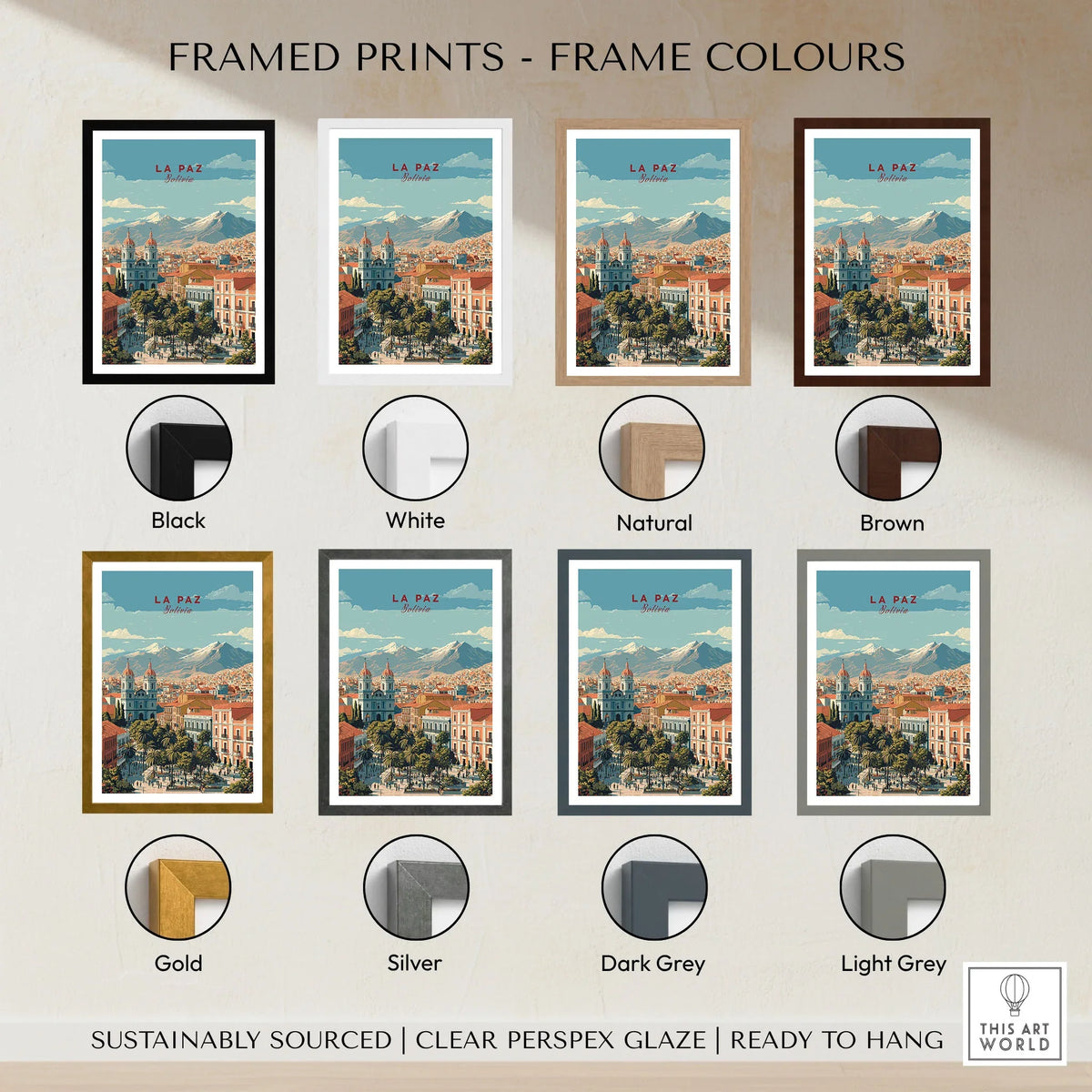 La Paz Travel Print - Bolivia Wall Art framed print frame colour options: black, white, natural, brown, gold, silver, dark grey and light grey