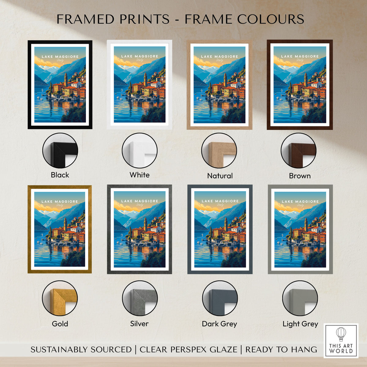 Lake Maggiore Print framed print frame colour options: black, white, natural, brown, gold, silver, dark grey and light grey