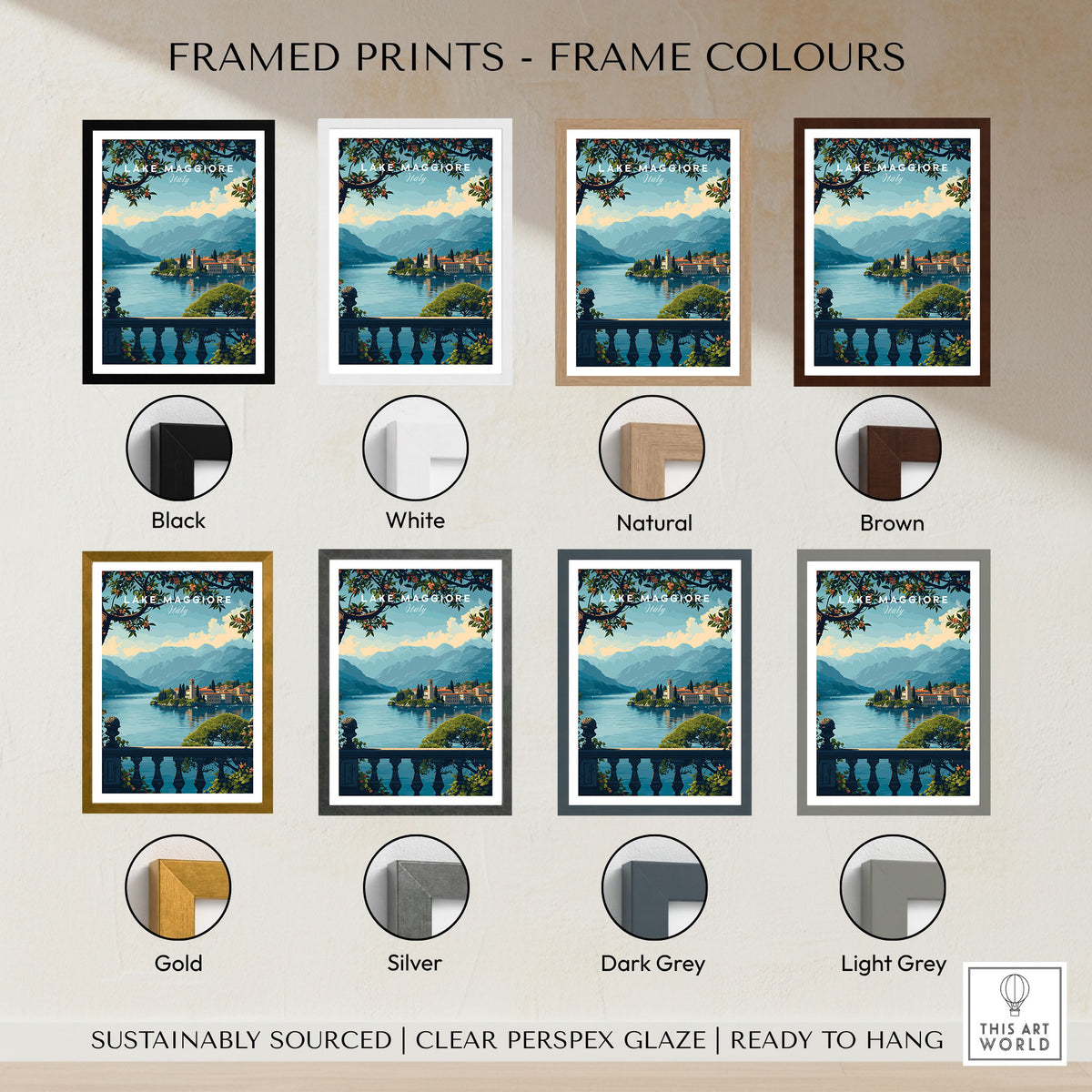 Lake Maggiore Travel Poster framed print frame colour options: black, white, natural, brown, gold, silver, dark grey and light grey