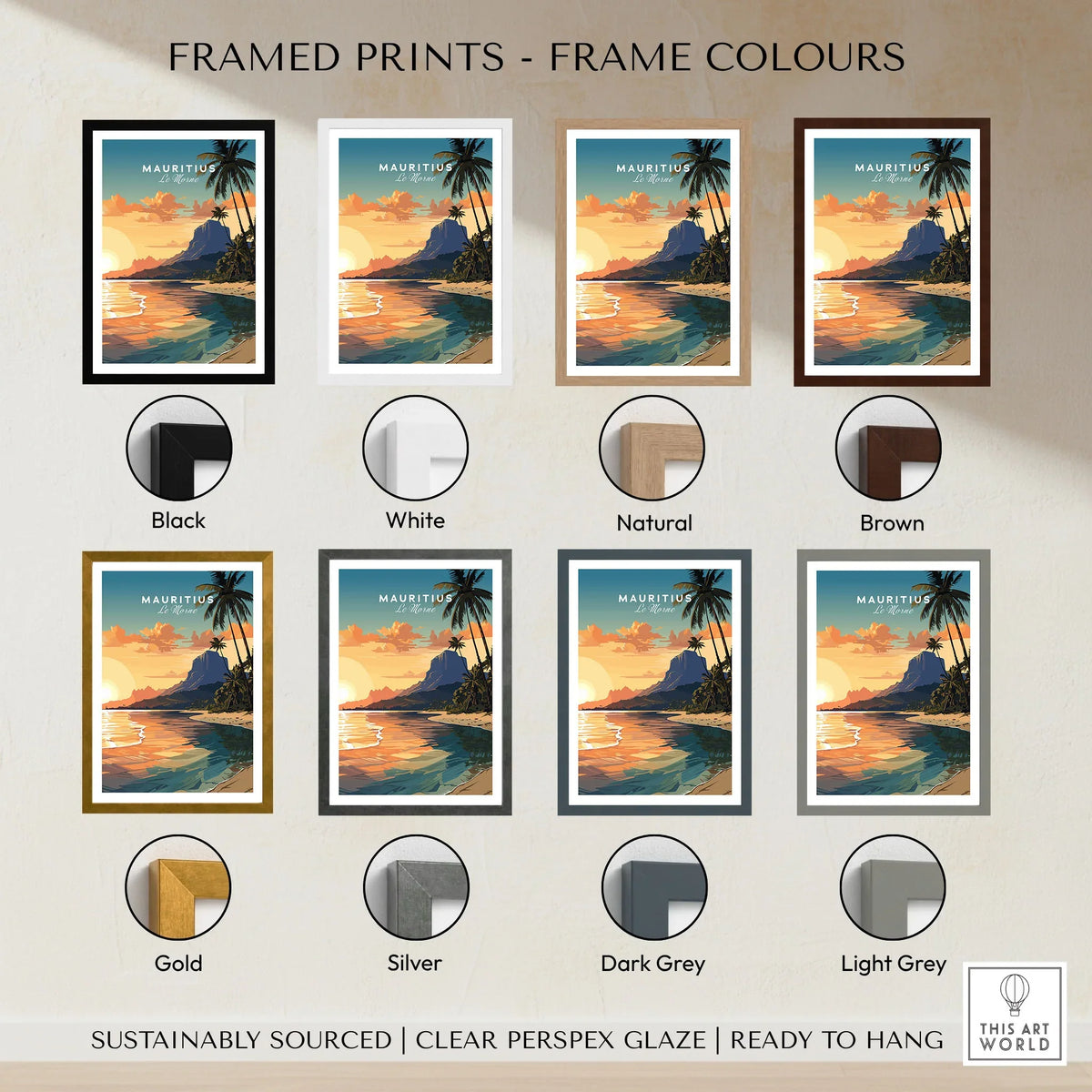 Le Morne Mauritius Poster framed print frame colour options: black, white, natural, brown, gold, silver, dark grey and light grey