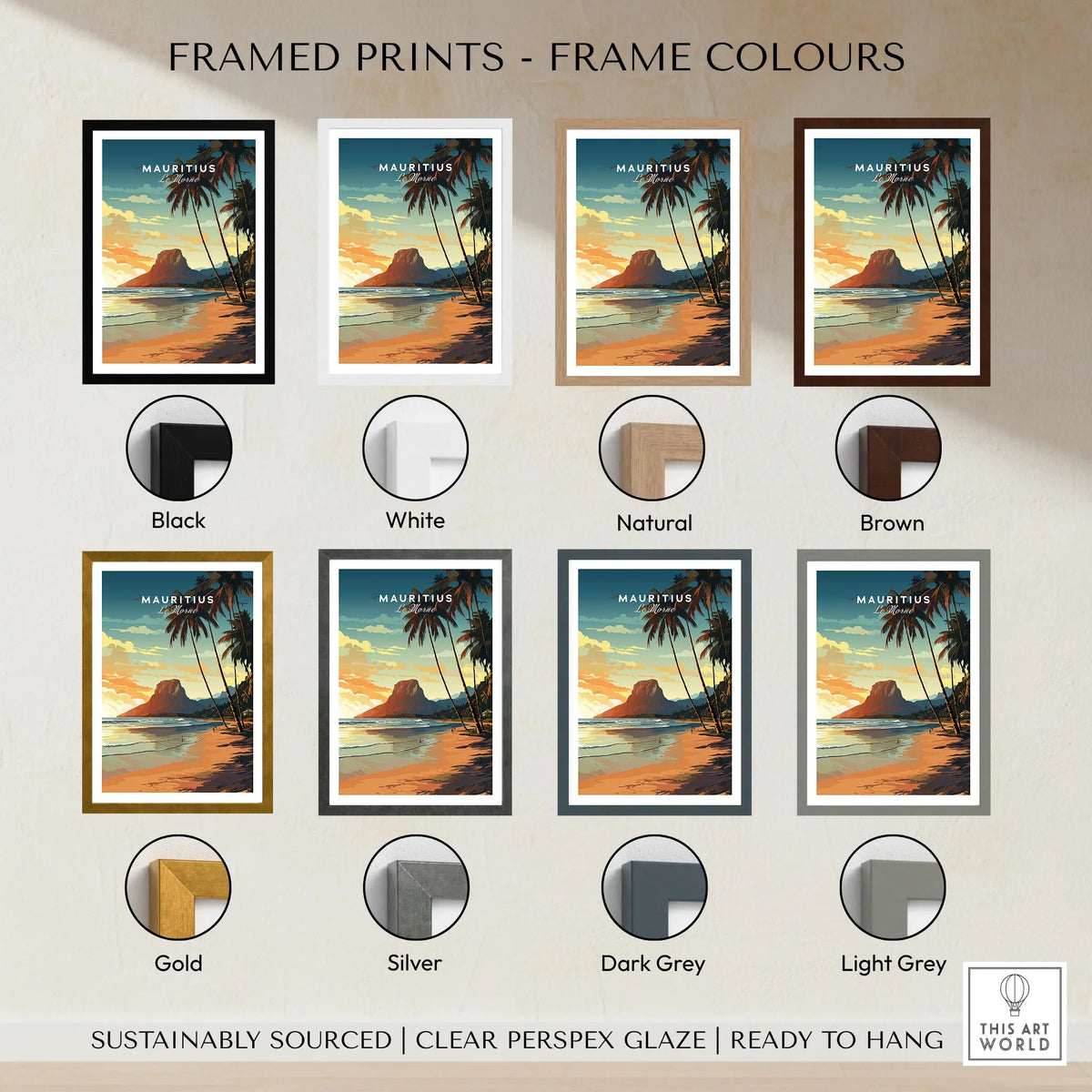 Mauritius Le Morne Poster framed print frame colour options: black, white, natural, brown, gold, silver, dark grey and light grey