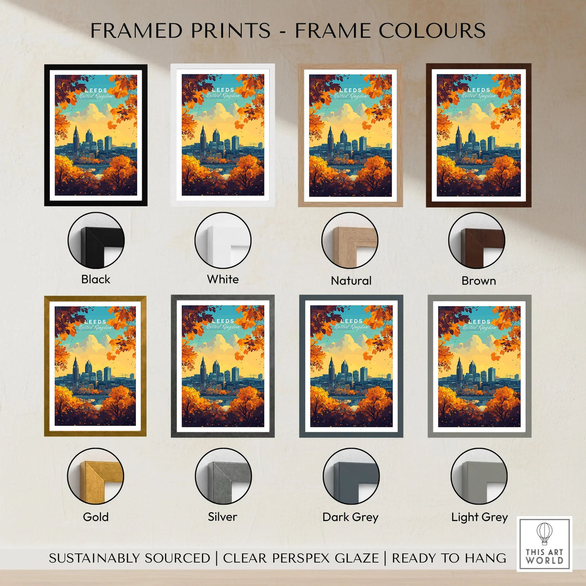 Leeds Wall Art Print - United Kingdom Travel Poster framed print frame colour options: black, white, natural, brown, gold, silver, dark grey and light grey