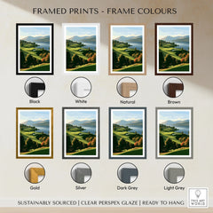 Loch Lomond Scotland Autumn Lochside Travel Poster — autumn slopes rolling down to Loch Lomond with Highland hills beyond, shown as framed print colour options