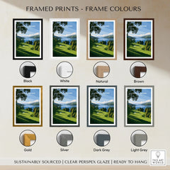 Loch Lomond Scotland Summer Shore Travel Poster — a sunlit grassy shoreline running down to Loch Lomond under old oaks, shown as framed print colour options