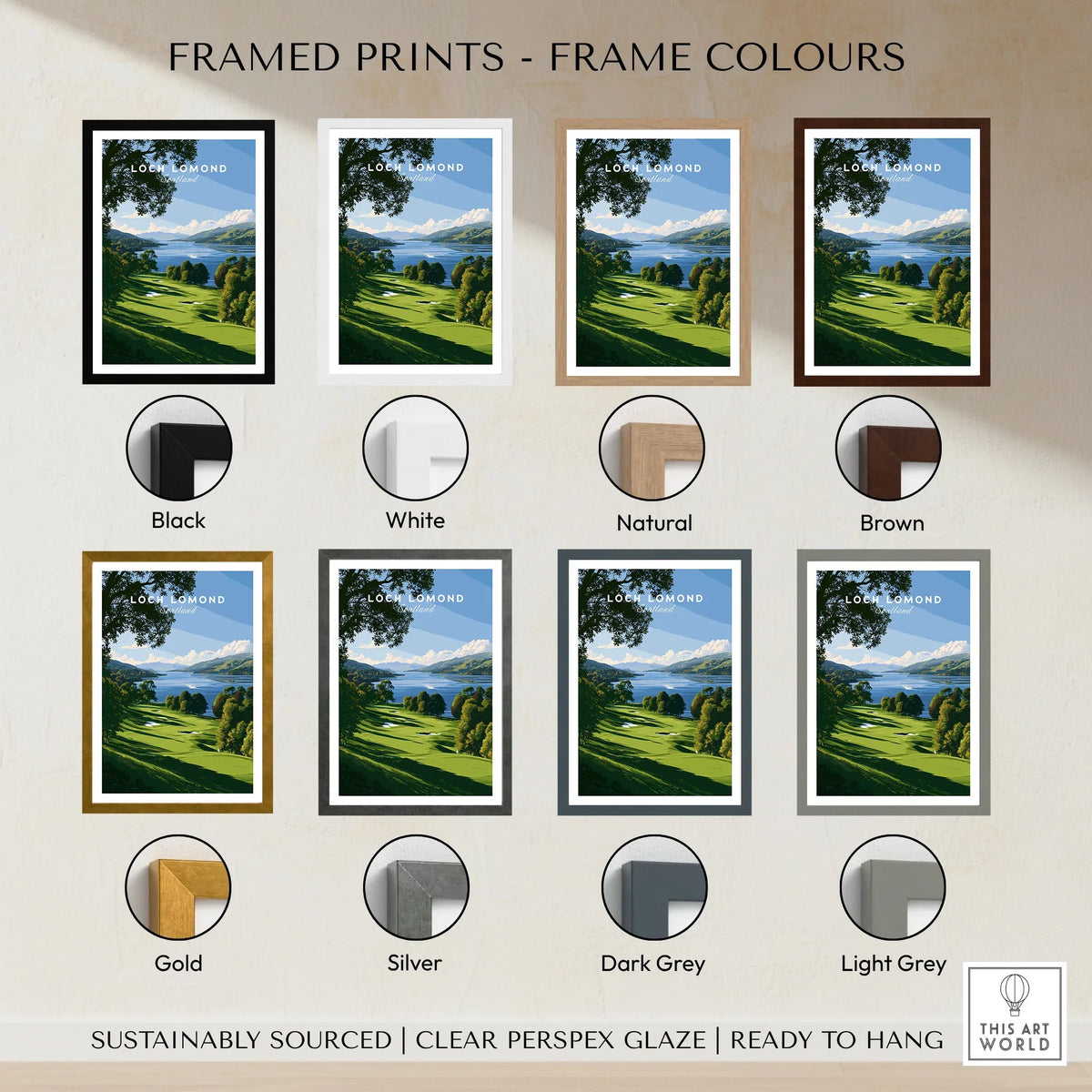 Loch Lomond Scotland Summer Shore Travel Poster — a sunlit grassy shoreline running down to Loch Lomond under old oaks, shown as framed print colour options