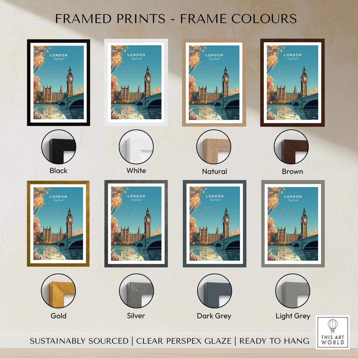 London Wall Art Print framed print frame colour options: black, white, natural, brown, gold, silver, dark grey and light grey