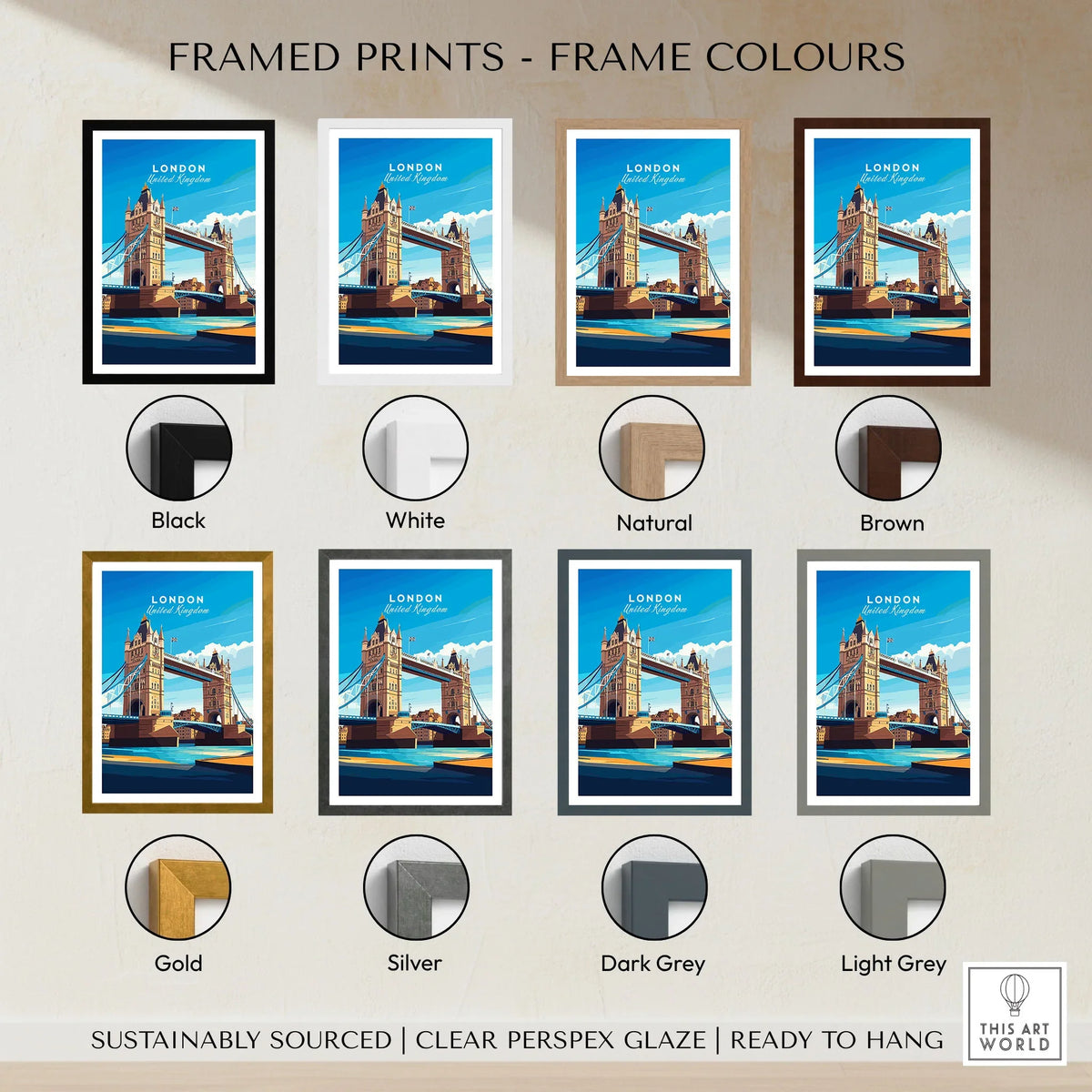 London Print England framed print frame colour options: black, white, natural, brown, gold, silver, dark grey and light grey