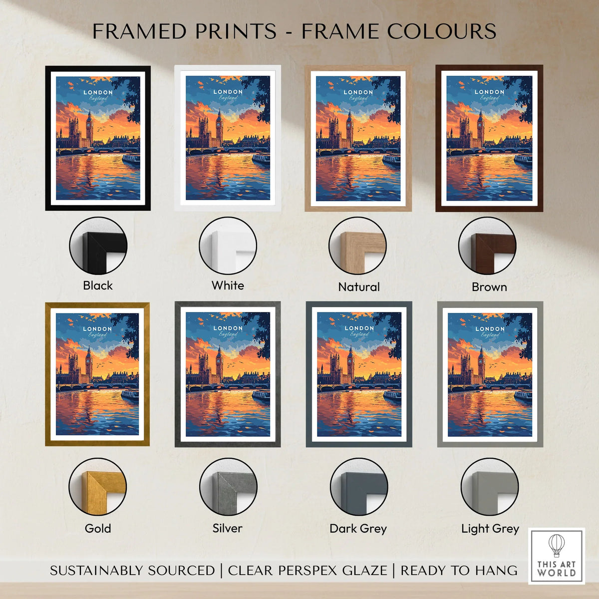 London Skyline Art | Big Ben & Houses of Parliament Print framed print frame colour options: black, white, natural, brown, gold, silver, dark grey and light grey