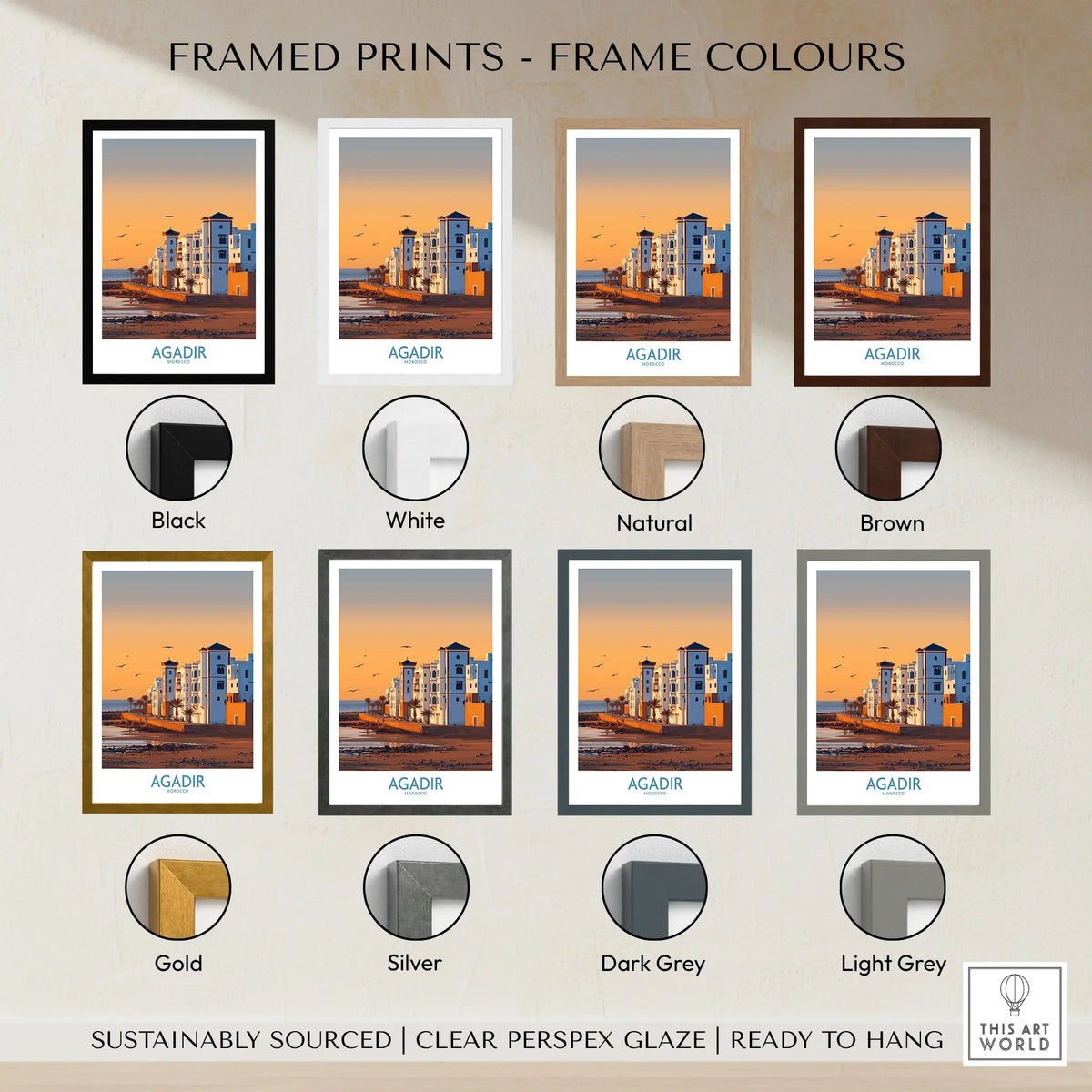 Agadir Morocco Wall Art framed print frame colour options: black, white, natural, brown, gold, silver, dark grey and light grey