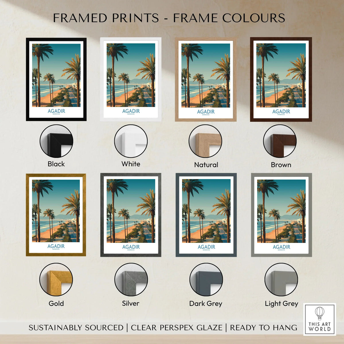 Agadir Morocco Wall Art Canvas framed print frame colour options: black, white, natural, brown, gold, silver, dark grey and light grey