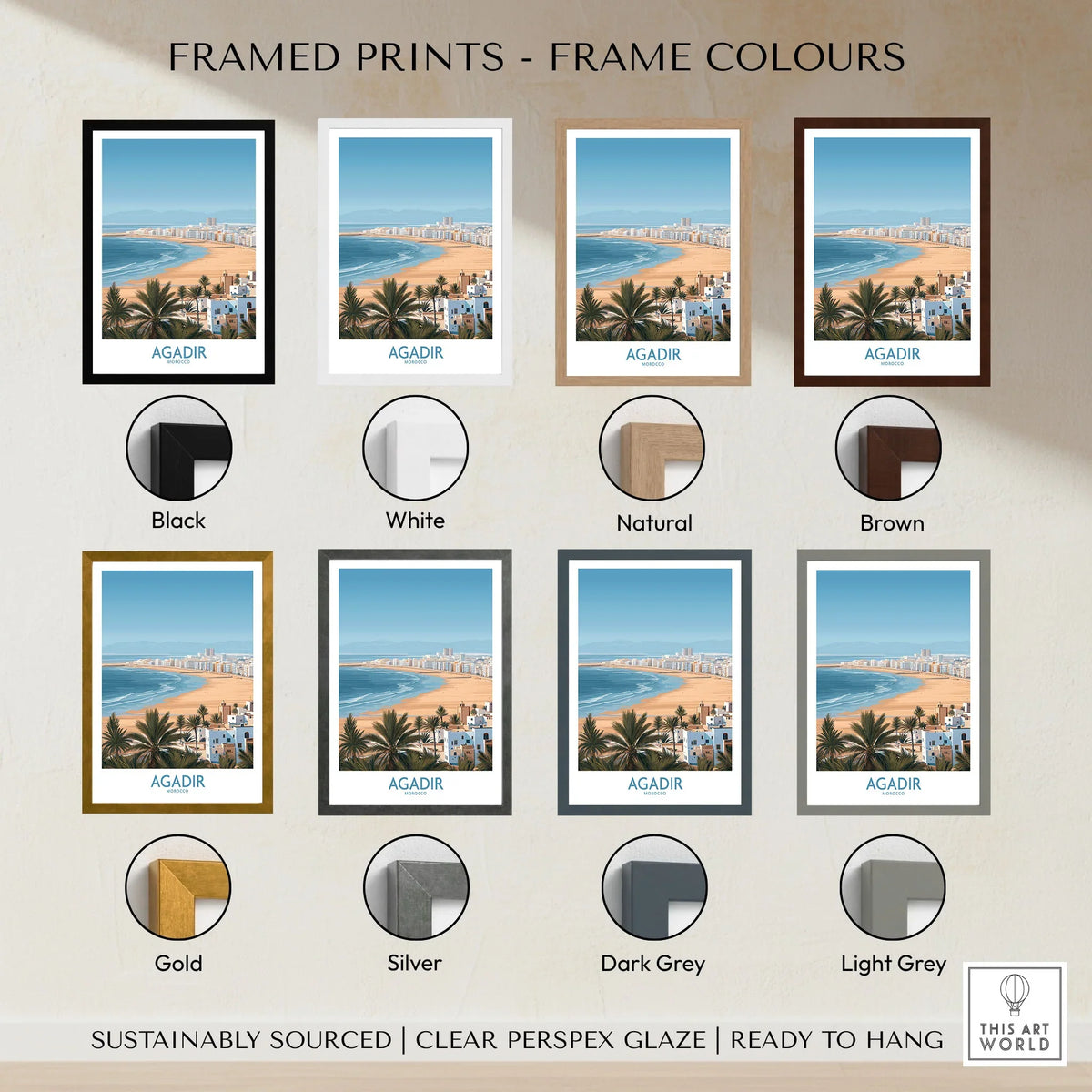 Agadir Morocco Print – Panoramic Beach and Palm Tree Wall Decor framed print frame colour options: black, white, natural, brown, gold, silver, dark grey and light grey