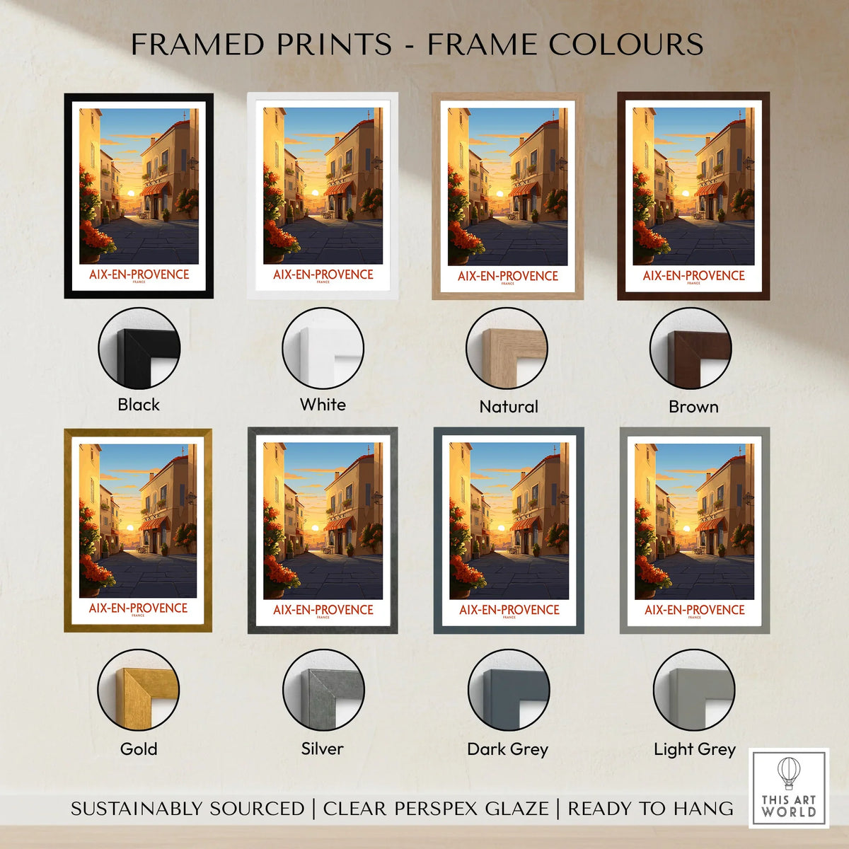 Aix-en-Provence Wall Art framed print frame colour options: black, white, natural, brown, gold, silver, dark grey and light grey