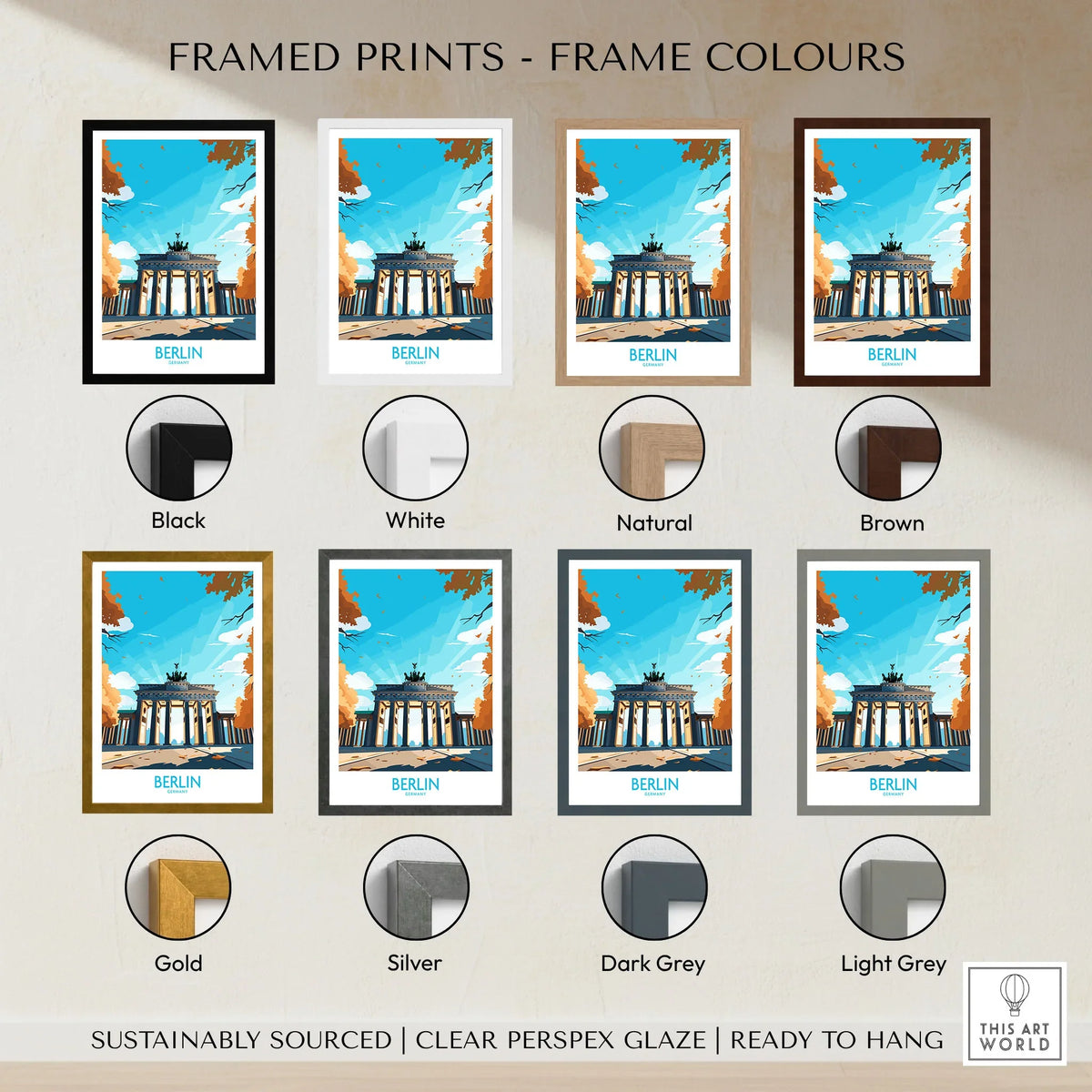 Berlin Wall Art Modern framed print frame colour options: black, white, natural, brown, gold, silver, dark grey and light grey