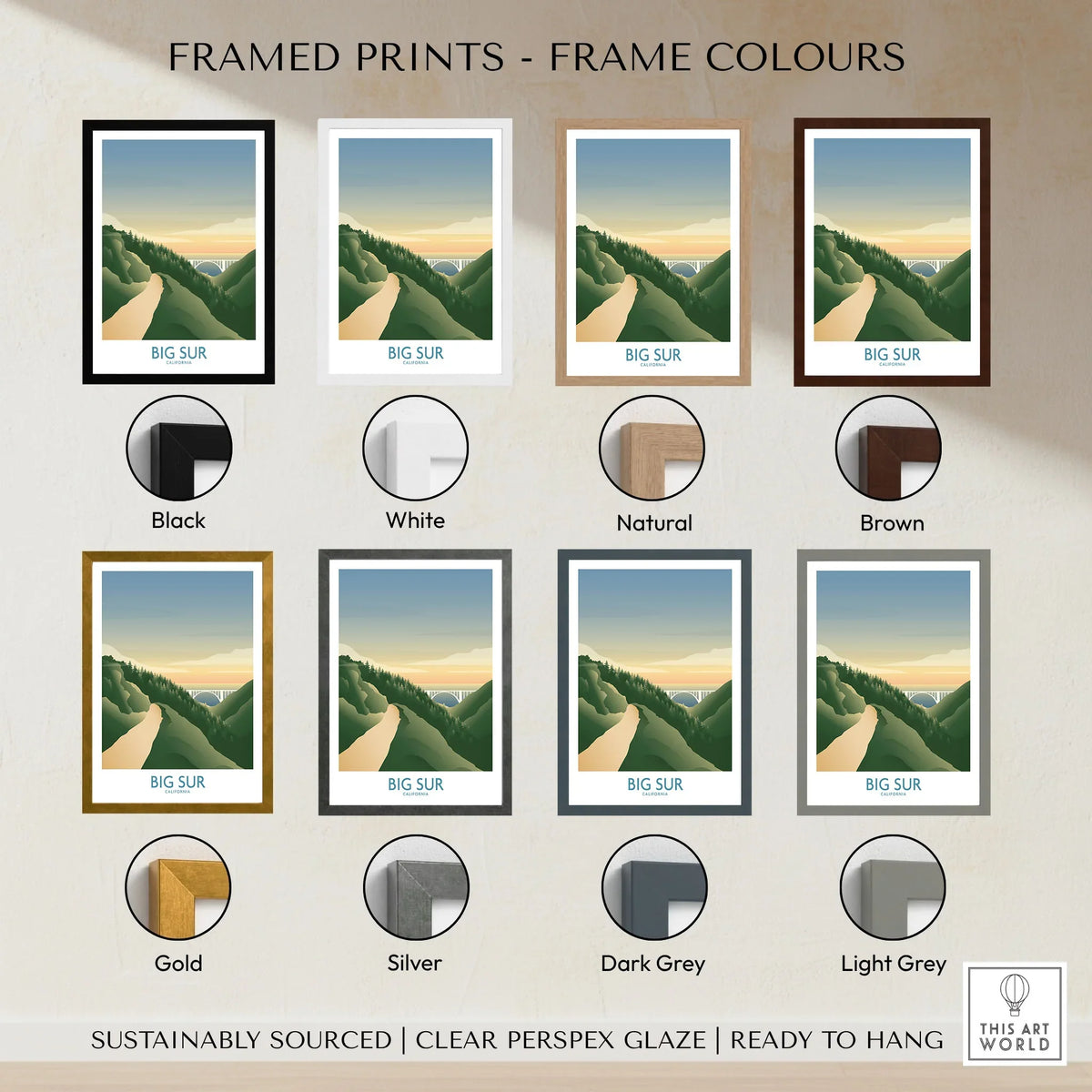 Big Sur California Art Print framed print frame colour options: black, white, natural, brown, gold, silver, dark grey and light grey